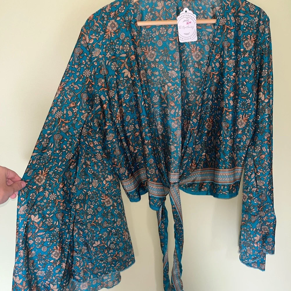 NWT Floral Teal Kimono Silk Blouse - Picture 3 of 5